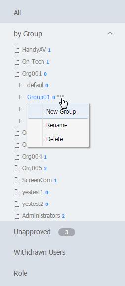 Users Viewing users Create groups in each organization to manage users by group. For each organization, a default group is created by default.