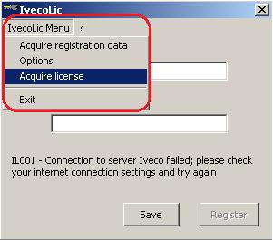 6. When the activation window appears, click on IvecoLic Menu then on Acquire