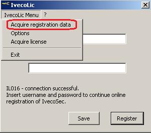5. The licence activation procedure will start automatically; click on IvecoLic Menu then on Acquire registration data to import the previously generated