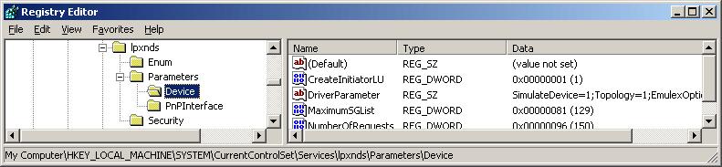 2. Open the keyword of the following registry key, and then set the Topology value to 1: HKEY_LOCAL_MACHINE\ System\ CurrentControlSet\ Services\ lpxnds\ Parameters\ Device\ "DriverParameter"