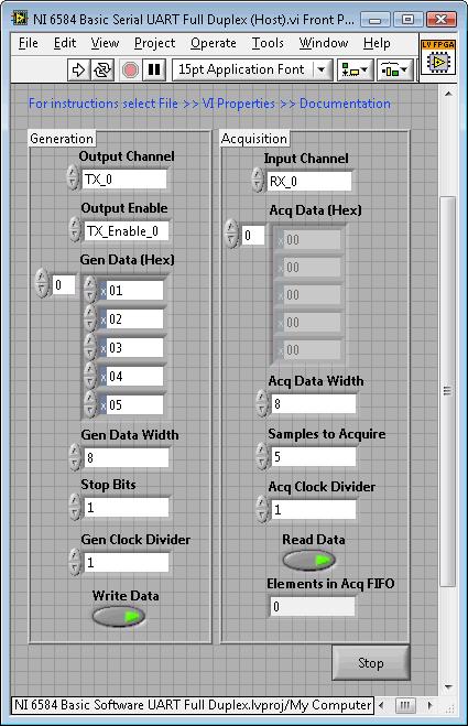 Figure 5 shows the front panel controls and indicators configured for generating and acquiring data in this example VI. Close the VI when you are finished generating and acquiring data. Figure 5.