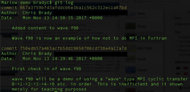 Showing the log Can see the list of commit messages using git log Note the string
