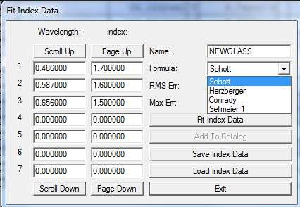 10 Material Index Fit Menue: Fit Index Data Input of data: 2 options: 1.
