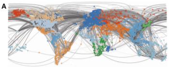 Graph distance vs geographic distance Network of global air traffic Nodes (airports) positioned according to geographic location