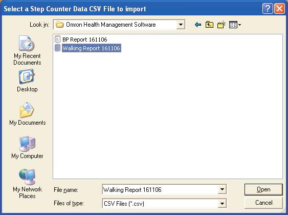 Transferring/Merging User Data 9. Select the CSV file for blood pressure data then click [Open].