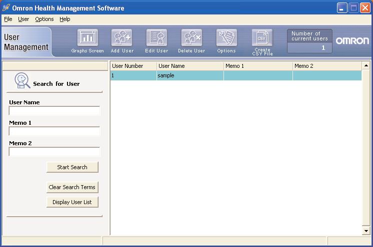 User Management Screen This software can register multiple users and manage the data for their blood pressure measurements and walking. Data is controlled by user name.