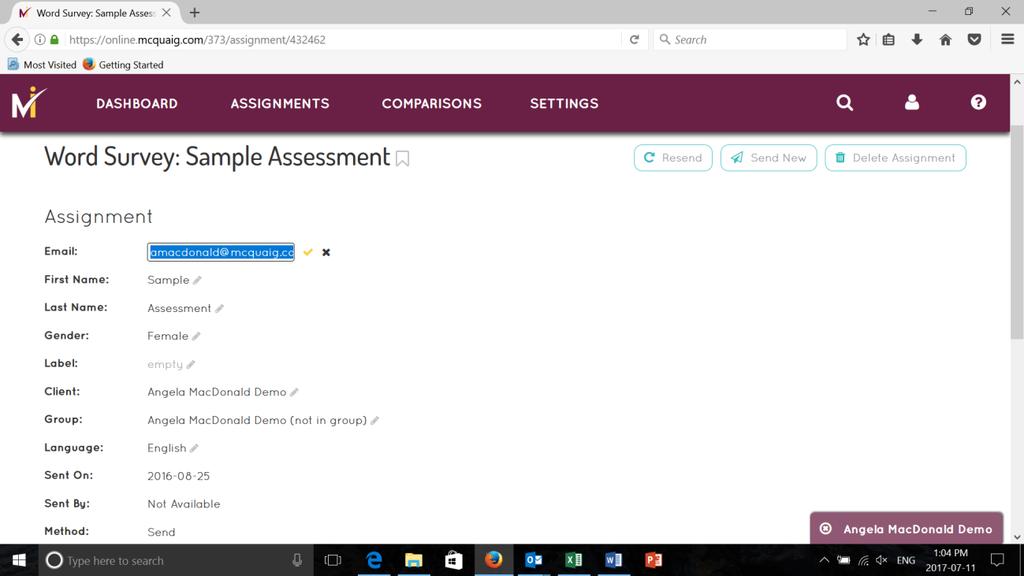 Editing/Changing Survey Details To change details on an assessment, including Email, First Name, Last Name, Gender, Label, Client, Group, or Language select the assessment from the Assignments page,
