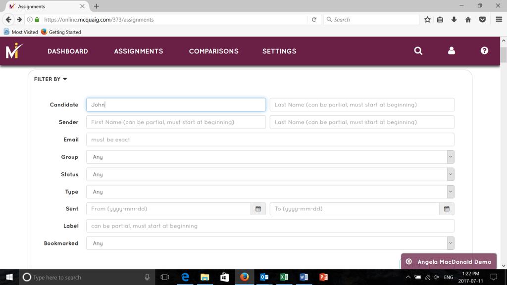 Filter By To search for an assessment, go to Assignments page, select Filter By and this screen will appear.