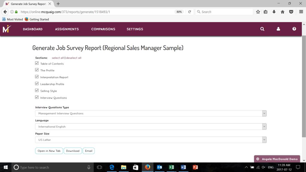 Generate Reports: Job Survey Report After selecting Generate Report you have the option to select the sections of the Job Survey Report to include; either Select All or uncheck the sections you do