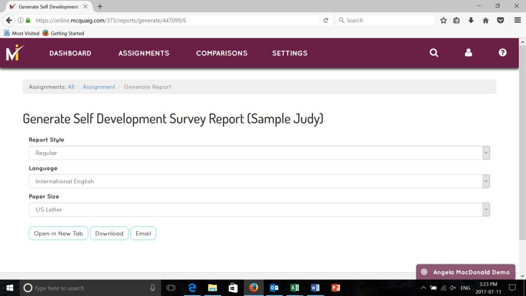 Generate Report: Self Development Survey The Self Development Report empowers employees to manage their own development and provides personal insights. It offers feedback and suggested goals.