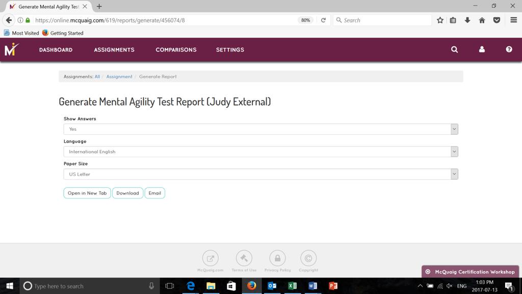 Generate Report: Mental Agility Test This page appears next with the