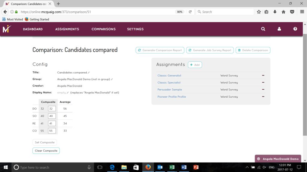 Comparisons Here you can Add Assignments (+Add) or Delete by clicking the - beside the his will calculate and display the Composite and Average scores on the left for those