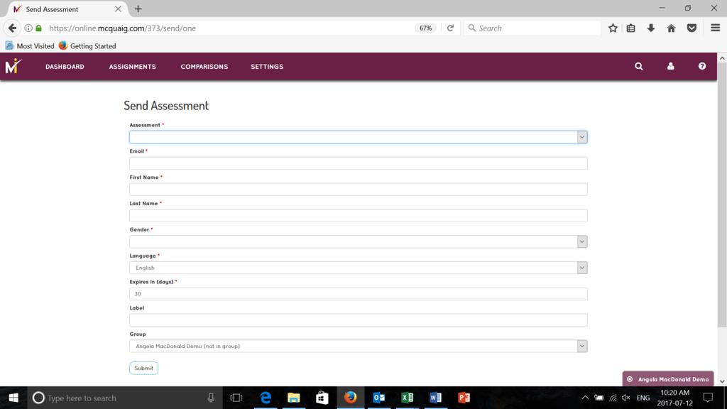 Sending Assessments To send an assessment select Send on the Dashboard which will take you to this screen where you can select the assessment you are sending out (JS, WS, SDS, or MAT) by clicking the
