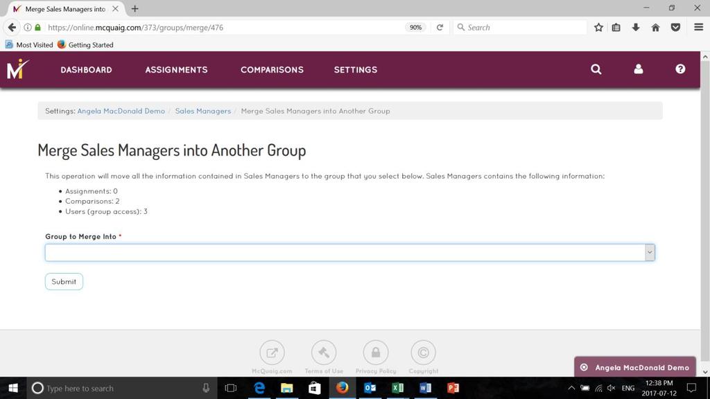 Merge Groups Select the drop-down arrow under Group to Merge Into and select the Group to merge with. Then select Submit.