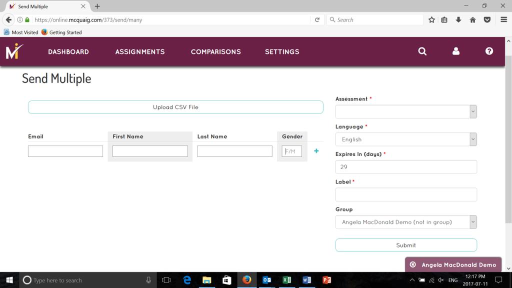 Send Multiple Assessments If you are sending the survey to multiple candidates/employees at once, you can select Send Multiple from the Dashboard and it takes you to this screen.