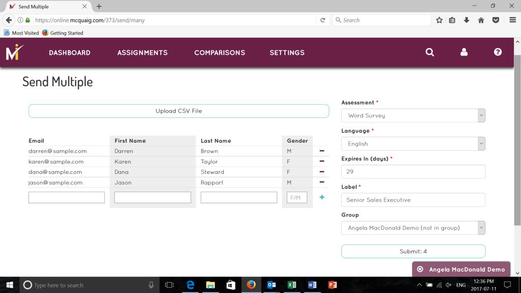 Send Multiple Assessments Once you have entered the names of the candidates/employees that you are sending the assessment to, on the right, select the Assessment that you want to send by clicking the