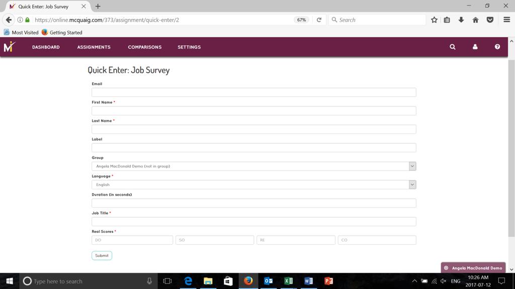Quick Enter: Job Survey For example, if you selected Job Survey, this screen will appear.