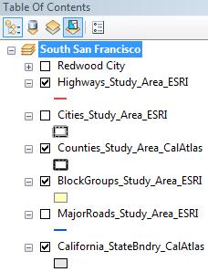 Redwood City is a group layer; expand its drop-down menu to see the additional 6 layers that it contains (signs, bike routes, roads, crosswalks, city parcels, and school districts).