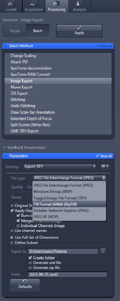 7) Data Export Go to the Processing tab (located to the right of the Acquisition tab) Click Batch Under Batch Method select Image Export In the middle of the screen under Batch Processing, click Add