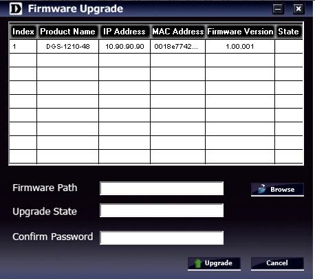 Click on this icon to launch the Firmware Upgrade window. Specify the Firmware Path (or Browse for one) that you are going to use. Input the correct password of the device, and then click Upgrade.