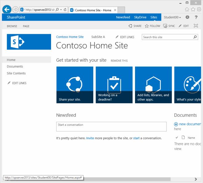 SharePoint 2013 Introduction 1. Navigate to your team site. A. Launch Internet Explorer. B. In the address field, enter the address: "http://<<insert your site here>>". C.