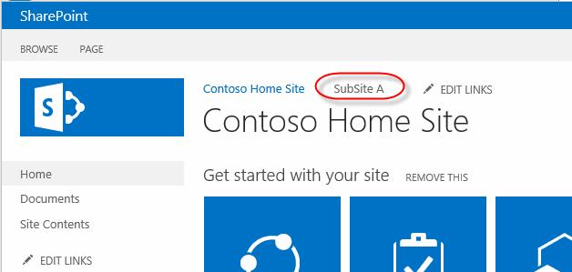 Contoso Home Site link should be shaded blue in the Top Link Ba