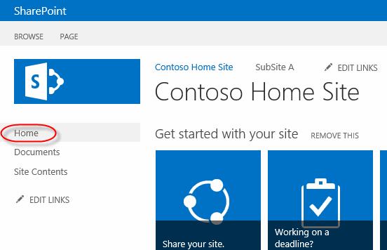 SharePoint 2013 Introduction B. Navigate back to the home page of the site by clicking the Home link within the Quick Launch menu.