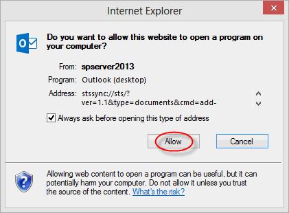 C. In the Internet Explorer dialog window that asks, Do you want to allow this website to open a