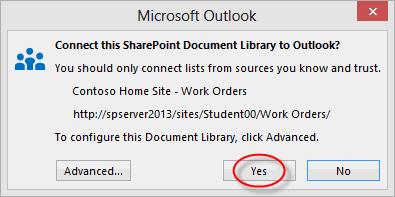 In the Microsoft Outlook dialog window that asks, "Connect this SharePoint Document Library to Outlook?