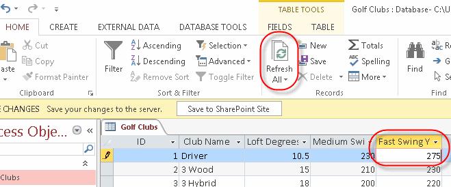 G. Modify the Driver's Fast Swing Yards to be "275". Click the Refresh All button in the Home tab on Access's toolbar.