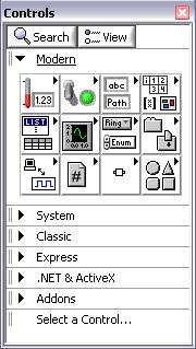 Front Panel: Controls Palette Controls (inputs): menus, text entry, selectors,