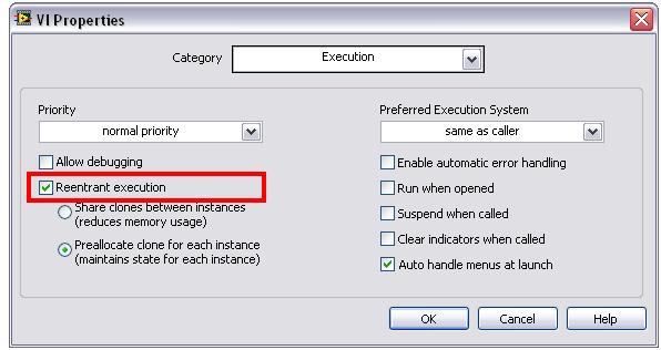 Reentrancy All VIs in LabVIEW can bet set to be reentrant Allows for each subvi to use separate