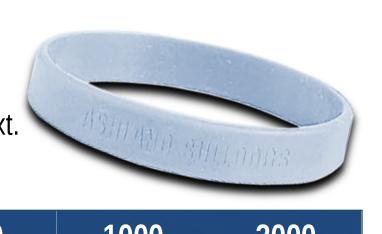 Elastic Wristbands: Made of silicone, measures 7.75 in circumference, and can hold one line of debossed text.