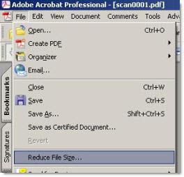 1. Open your scan in Adobe Acrobat Professional. 5. Choose "File" > "Reduce File Size." (Adobe Acrobat Professional 8.0 - Choose Document tab -> Reduce File Size) 2.