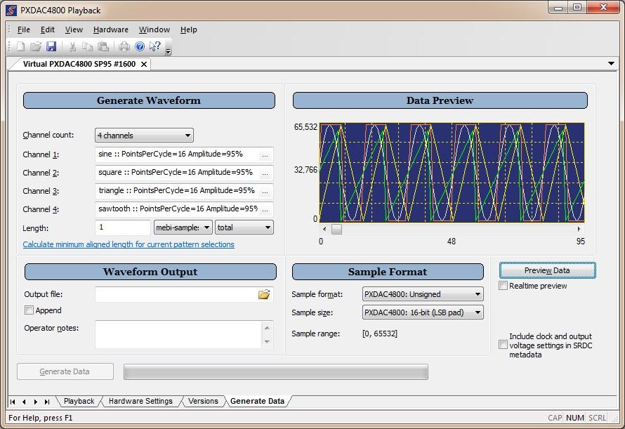 SOFTWARE DESCRIPTION (CONTINUED) Settings for signal waveform generation including number of channels, waveform type and parameters, sample format, and scope data preview are selected in the Generate