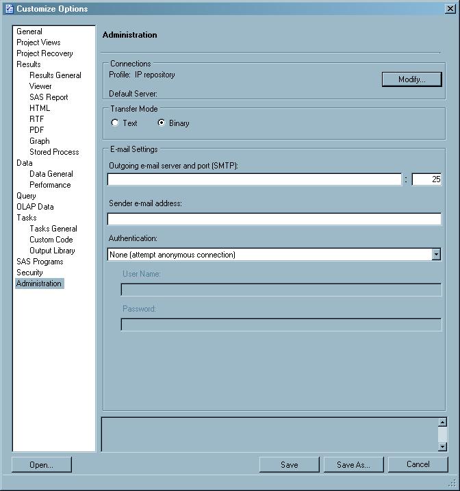 Create a Shared Profile Deployment 13 7. In SAS Enterprise Guide Explorer, select Tools ð Customize Enterprise Guide Options. This opens the Options window.