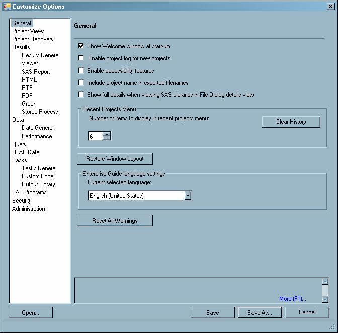 18 Chapter 3 Preparing a Setup Image for Users Specify the default values for SAS Enterprise Guide installations by selecting each category and setting the displayed options.