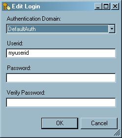 26 Chapter 4 Managing Metadata Objects Specify the user ID and password (if needed) and select the authentication domain that is associated with the login.