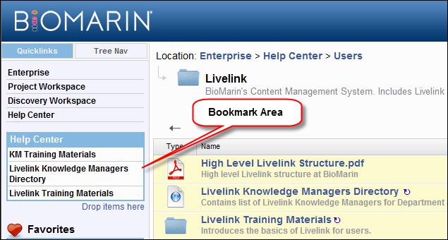 Only your Livelink Knowledge Managers can create bookmarks and add/remove bookmark links.