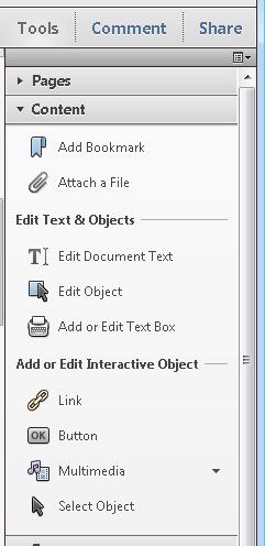 Tools Pane - Content Add a Bookmark Attach a File Edit Document Text Edit Object Add or Edit Text