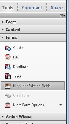 Tools Pane - Forms Create Edit Distribute Track Highlight Existing Fields