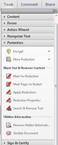 Tools Pane - Protection Encrypt Always use Encrypt with Password More Protection Mark For Redaction Mark Pages