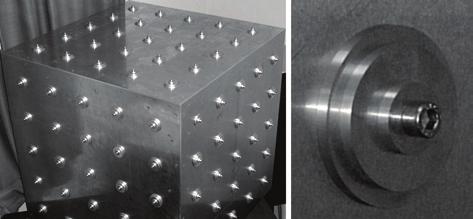 Figure 1: (Left) Calibration cube; (Right) Example of a target set of identical cylindrical pyramids : one example is shown in Fig 1(right).