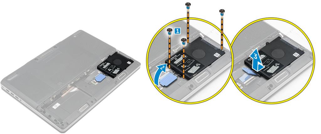 3. Perform the following steps as shown in the illustration: a. Remove the screws that secure the hard drive to the computer [1]. b. Lift the hard-drive latch to the unlock position [2]. c. Slide and lift the hard drive from the computer [3].