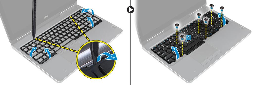 4. Perform the following steps as shown in the illustration: a. Pry the keyboard trim starting from bottom and work along the top edge and remove it away from the computer [1, 2, 3]. b. Remove the screws that secure the keyboard to the computer [4].