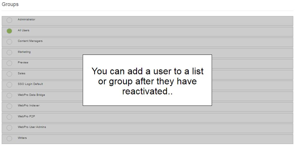 Once the deactivation is complete, the page will refresh to the Users / Groups / Directories page and the deactivated user will appear in red
