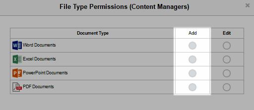 1. Go to the Permissions / Restrictions page. 2. Click on the icon under the Add Documents column to display a solid circle. 3.
