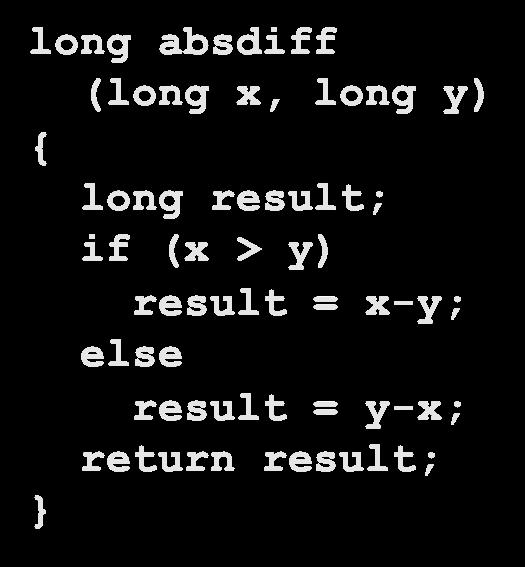 Conditional Branch Example Carnegie Mellon long absdiff (long x, long y) long result; if (x > y) result = x-y; else result = y-x; absdiff: cmpq %rsi, %rdi # x-y jle.