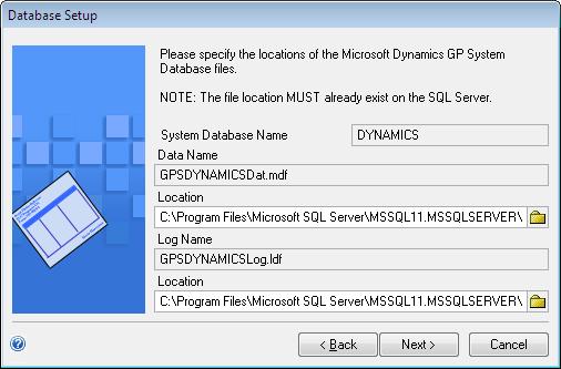 PART 2 MICROSOFT DYNAMICS GP INSTALLATION 5. In the Database Setup window, enter the location to create the data and log devices (files).