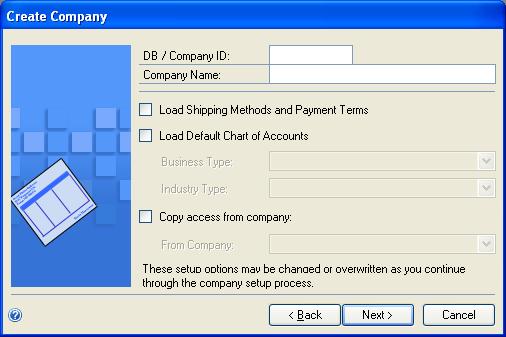 CHAPTER 9 CREATING A COMPANY 6. The Create Company window opens, where you can enter a database/company ID, and a company name. You also can select the following options.